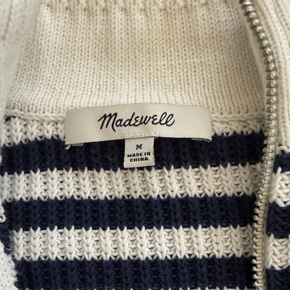 Madewell Navy and White Striped Quarter zip  100% Cotton Sweater - Picture 2 of 7